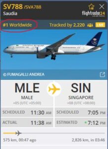 މިއަދު ދުނިޔޭގައި އެންމެ ގިނަމީހުން ޓްރެކްކުރި ފްލައިޓަކީ ގޮޓަބަޔަ ދަތުރުކުރެއްވި ސައުދީ އެއަރލައިންގެ ބޯޓު