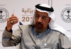 Saudi energy minister Khalid al-Falih gestures during the 2017 budget news conference in Riyadh