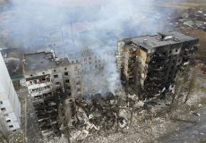 FILE PHOTO: An aerial view shows a residential building destroyed by shelling in Borodyanka