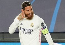 Sport Bilder des Tages Real Madrid s Sergio Ramos celebrates goal during UEFA Champions League match. November 3,2020. (